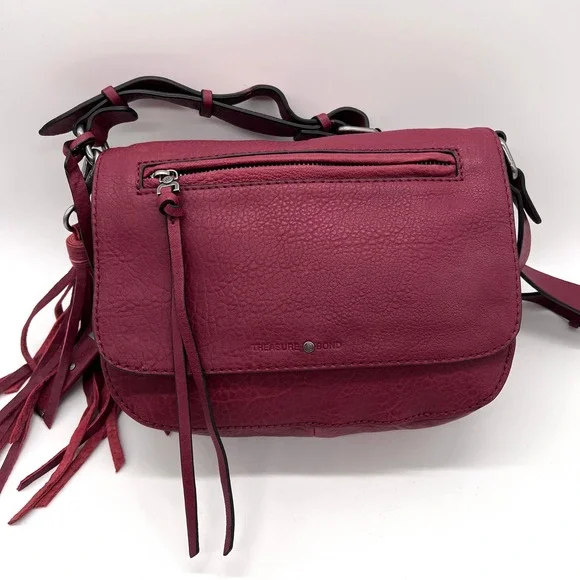 TREASURE AND BOND Leather Crossbody bag Womens Maroon Pebbled Tassel - Picture 2 of 12
